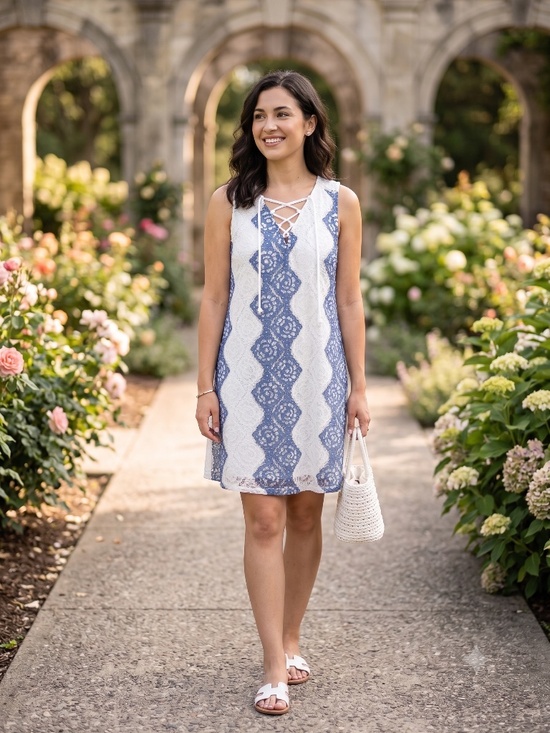 BCBGMaxAzria Dresses & Skirts - BCBGMAXAZRIA Blue & White Lace Lace-Up Dress -- Size Small